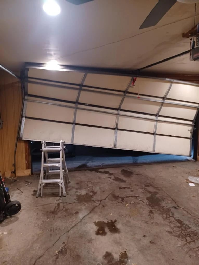 Open garage door with white translucent panels and metal frame, aluminum ladder below, concrete floor visible